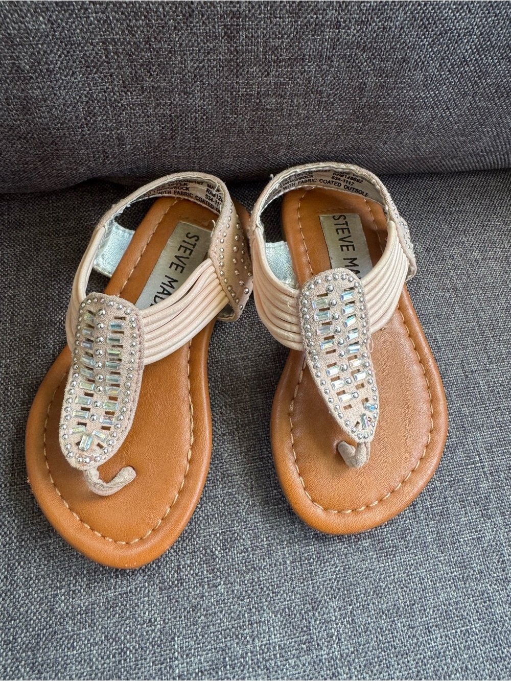 Steve Madden Girls Beige/Tan Rhinestone T-Strap Sandals